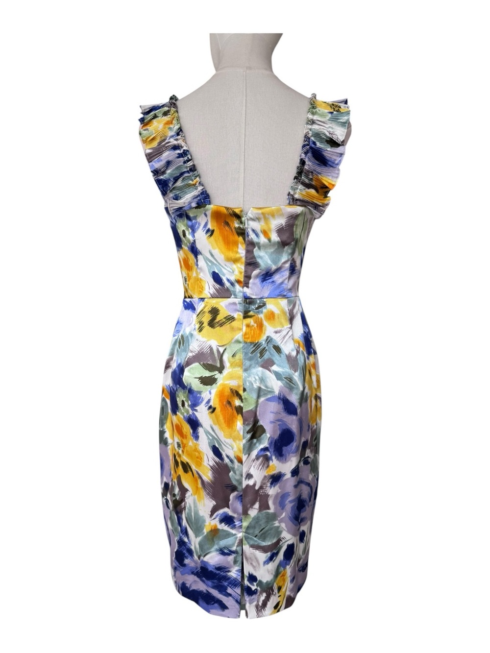 Maggy London Floral Pleated Ruffle Neck Sheath Dress Size 2 - Picture 8 of 11